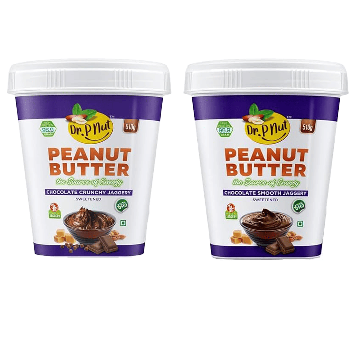 DR. P NUT Peanut Butter Chocolate Smooth & Crunchy Spread Combo | 26g Protein | Vegan Peanut Butter | 100% Pure Roasted Peanuts | Non GMO | Gluten & Cholesterol Free, Nut Butter Combo Pack (2 x 510g)
