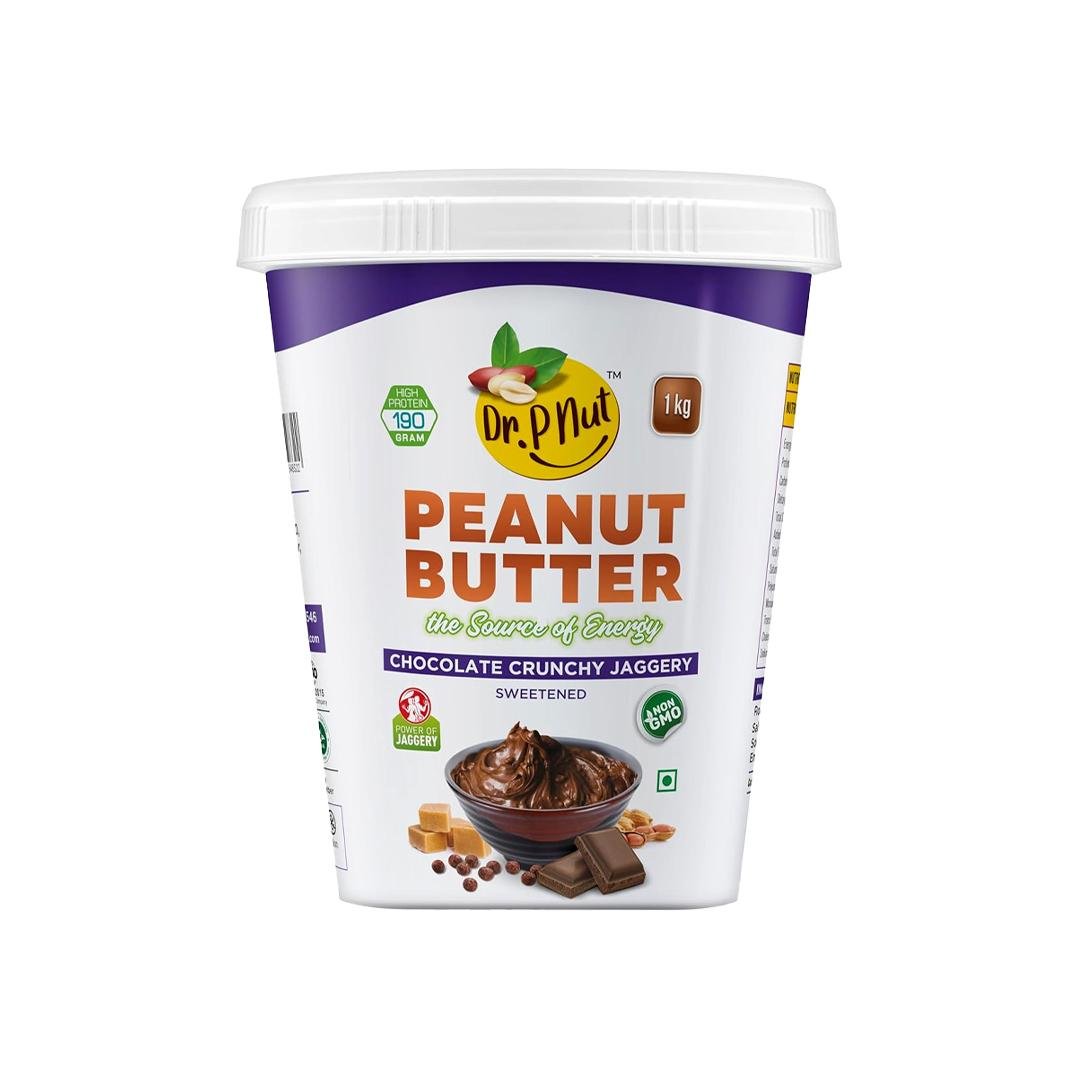Dr. P Nut Chocolate Crunchy Jaggery 1Kg | High in Protein | Vegan | Cholesterol Free | No Hydrogenated Oil | NO Trans-Fat | Power of jaggery | No artificial ingredients | Non GMOKg (Chocolate Crunchy)