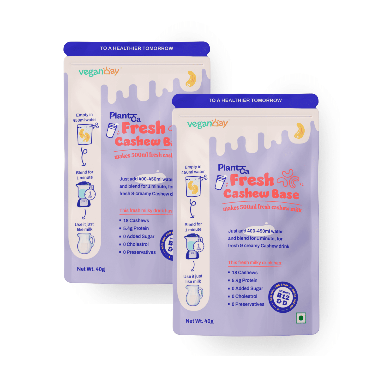 Veganday Cashew Base (makes 1L Cashew Milk) | Fresh, Unsweetened & Plant-Based | Just add water & blend | Dairy-free, Lactose-free | (Pack of 500ml x 2)