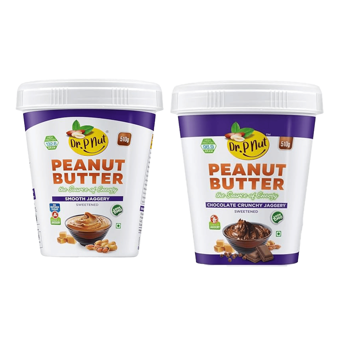 Dr. P Nut Peanut Butter Chocolate Crunchy & Smooth Jaggery Spread Combo Pack | Tasty & Healthy Nut Butter Spread for Breakfast & Snacks | Zero Trans Fat | Creamy Peanut Butter Pack of 510g + 510g