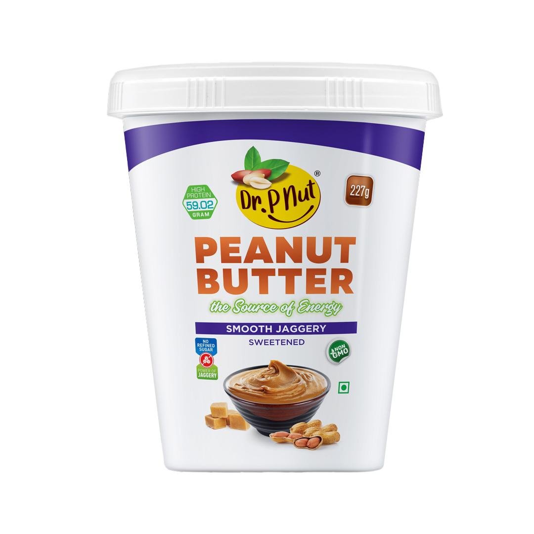 Dr. P Nut Smooth Jaggery Peanut Butter 227g | 26g Protein | Cholesterol Free | Non GMO | Gluten Free | Zero Trans-Fat | 9g Fiber | Healthy & Tasty Nut Butter