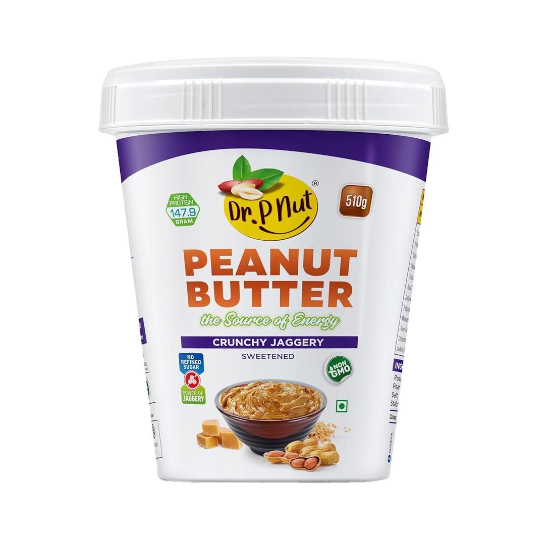 Dr. P Nut Peanut Butter Crunchy Jaggery - 227g | Peanuts & Natural Jaggery | High Protein | No Added Sugar or Preservatives | Healthy & Crunchy Vegetarian Spread for Snacks & Breakfast