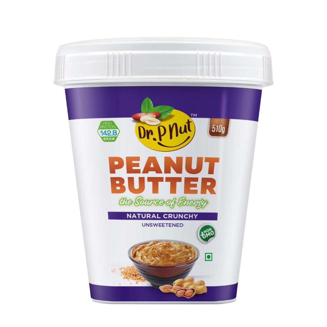 Dr. P Nut Natural Peanut Butter Crunchy 510g | 22g Protein | Unsweetened | No Added Sugar or Salt | Nut Butter Spread for Pre & Post-Workout | Cholesterol Free | Zero Trans Fat | Creamy Peanut Butter